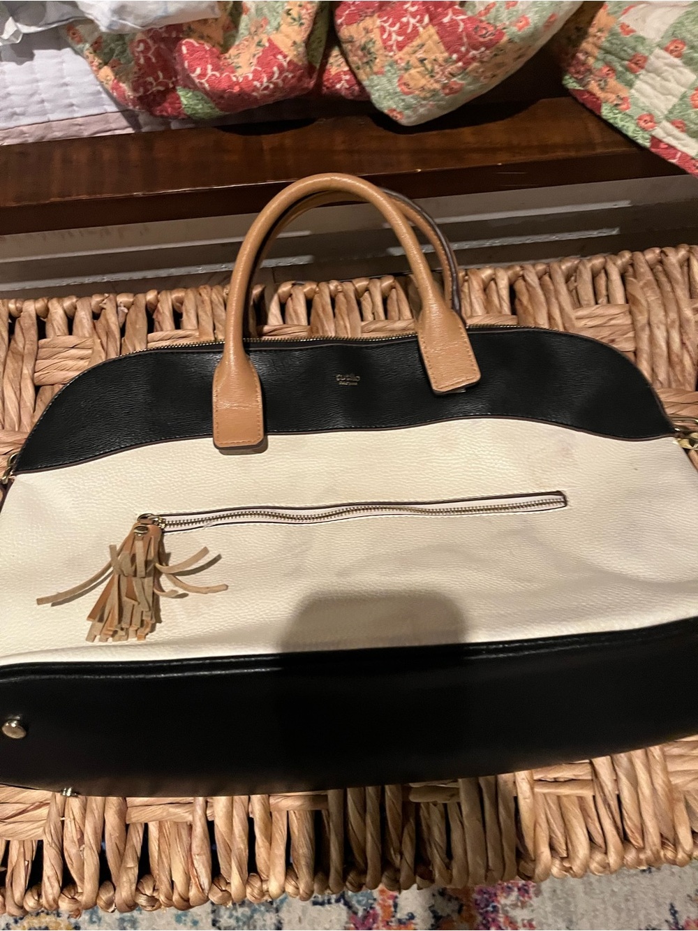Three-Tone Leather Travel Tote - Black, White & Tan